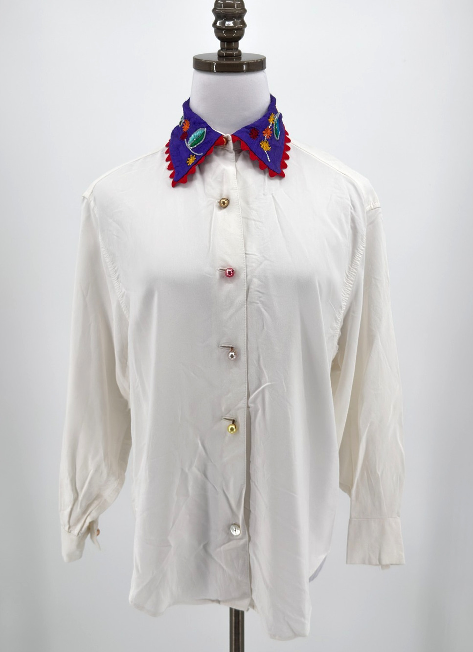 Vintage 1990s Todd Oldham Times Seven White Embroidered Collar Blouse Top Sz P